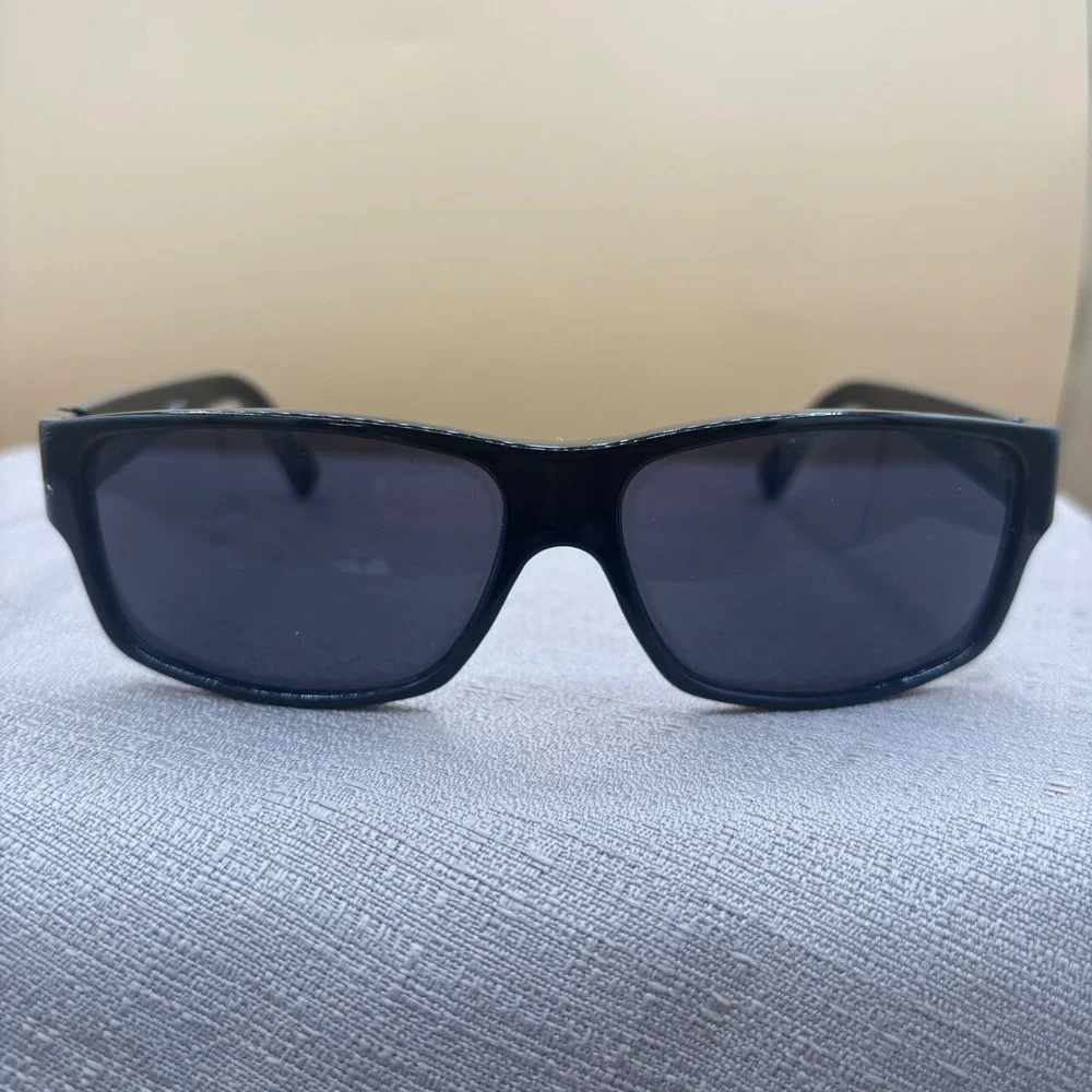 Claiborne Sunglasses Womens Black Rectangular Wrap Frame Silver Logo Detail